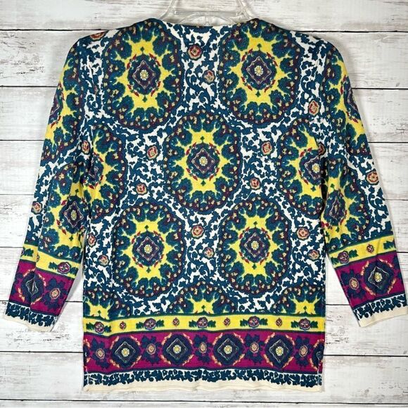 Talbots 100% Merino Wool Multicolored Medallion Sweater 3/4 Sleeve Small Pet SP - Picture 2 of 7